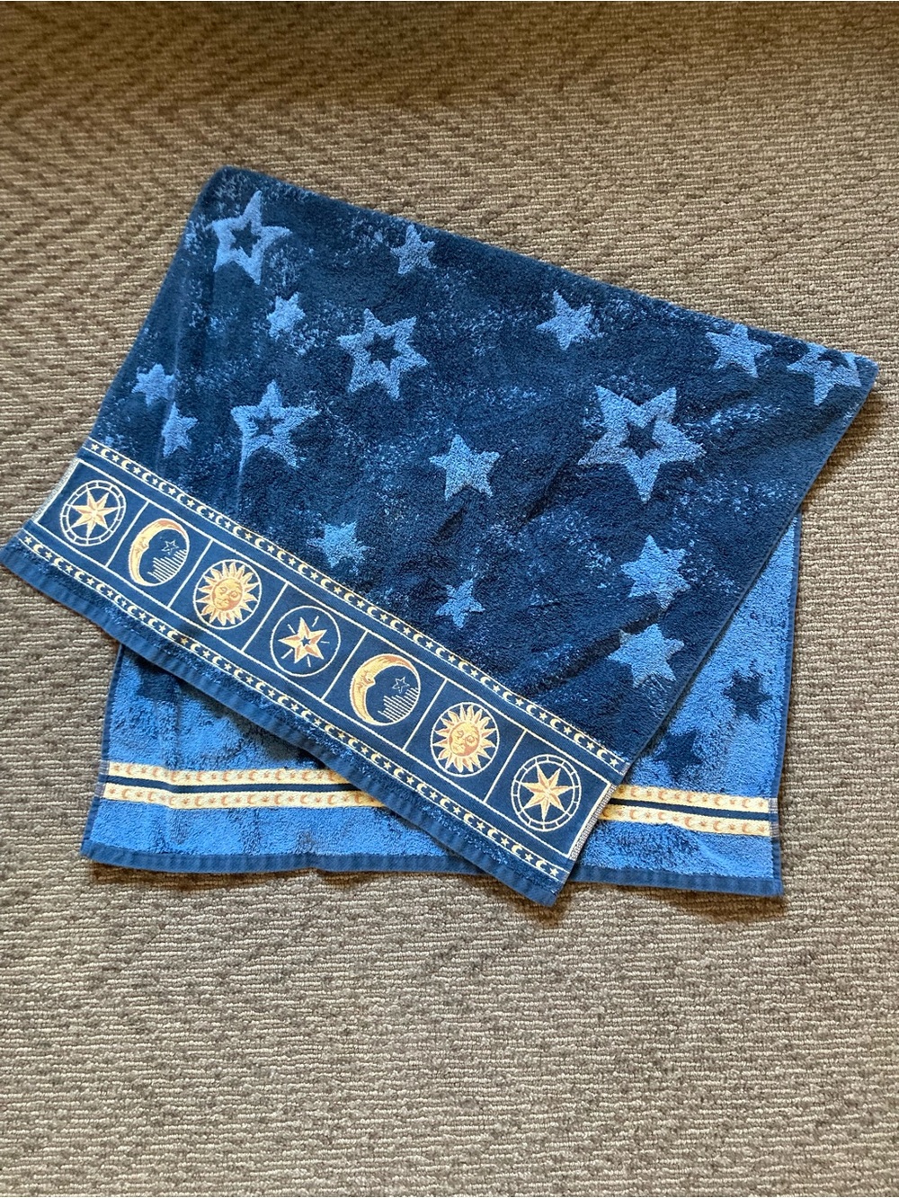 Vtg 90s Springmaid Celestial Bath Towel Navy Blue Sun Moon Stars Y2K Whimsigoth